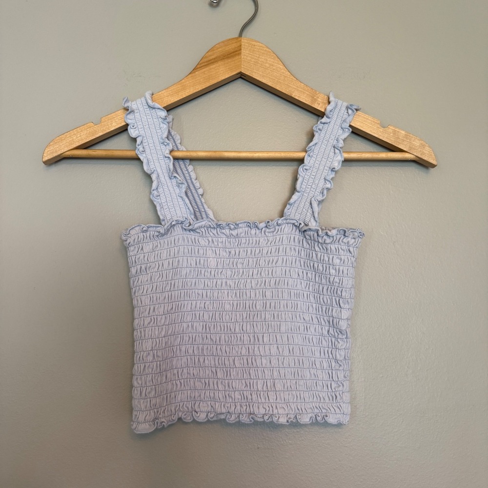Hollister Light Blue Smocked Ruffle Strap Crop Top Small Sleeveless Lettuce Trim